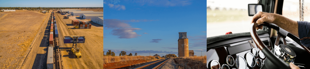 Three images form this banner. Image one: shipping containers in two lines with storage sheds and machine moving a container. Image two: train tracks leading past silos and heading in to the distance. Image three: a pair of hands on a steering wheel of a truck.