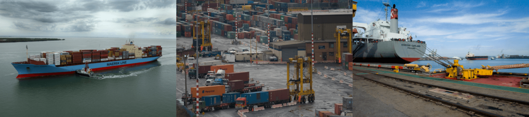 Three images form this banner. Image one: cargo ship with tug boat beside it, image two: port full of shipping containers, image three: ship docked at port.