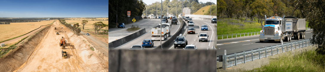 Three images form this banner. image one: excavators creating a highway, image two: vehicles on major road highway, image three: truck driving on road.