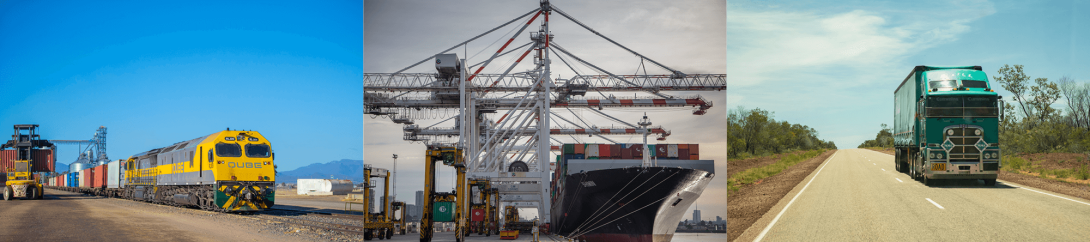 Three images form this banner. Image one: train with carriages. Image two: cargo ship at port. Image three: truck on a two way (single lane) highway in the country.