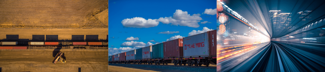 Rail banner: three images depicting rail tracks and trains.