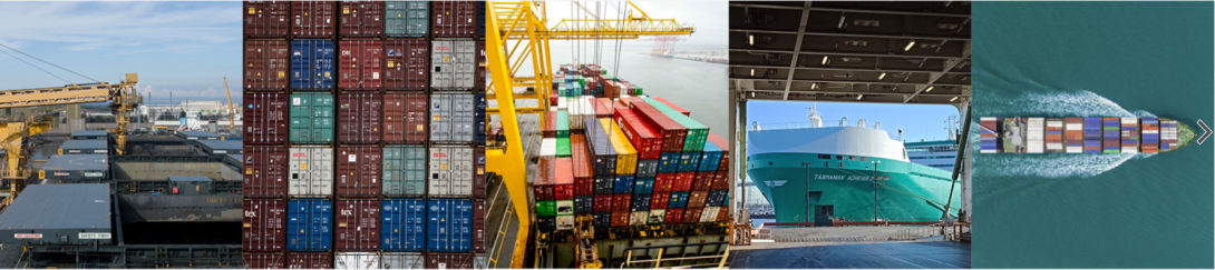 Banner containing five images relating to maritime, ports, ships.