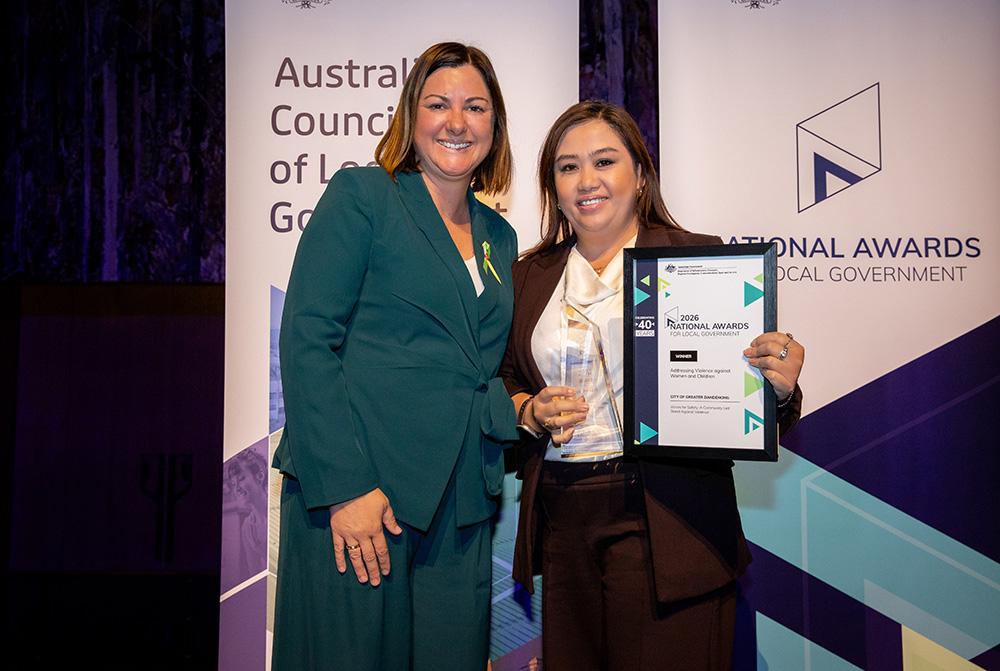 City of Greater Dandenong accepting their award for Addressing Violence Against Women and Children from the Hon Kristy McBain MP, Minister for Regional Development, Local Government and Territories and Minister for Emergency Management