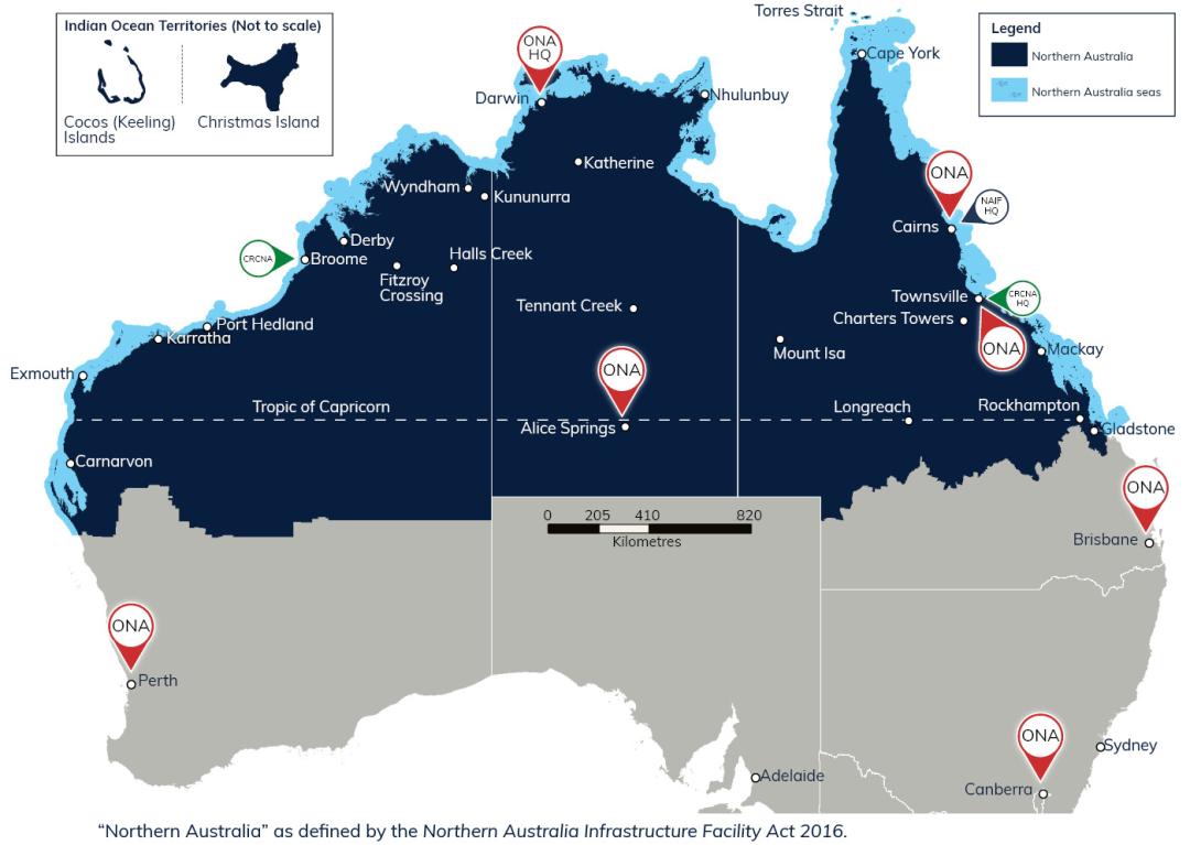 Map of northern Australia showing the location of the Office of Northern Australia offices