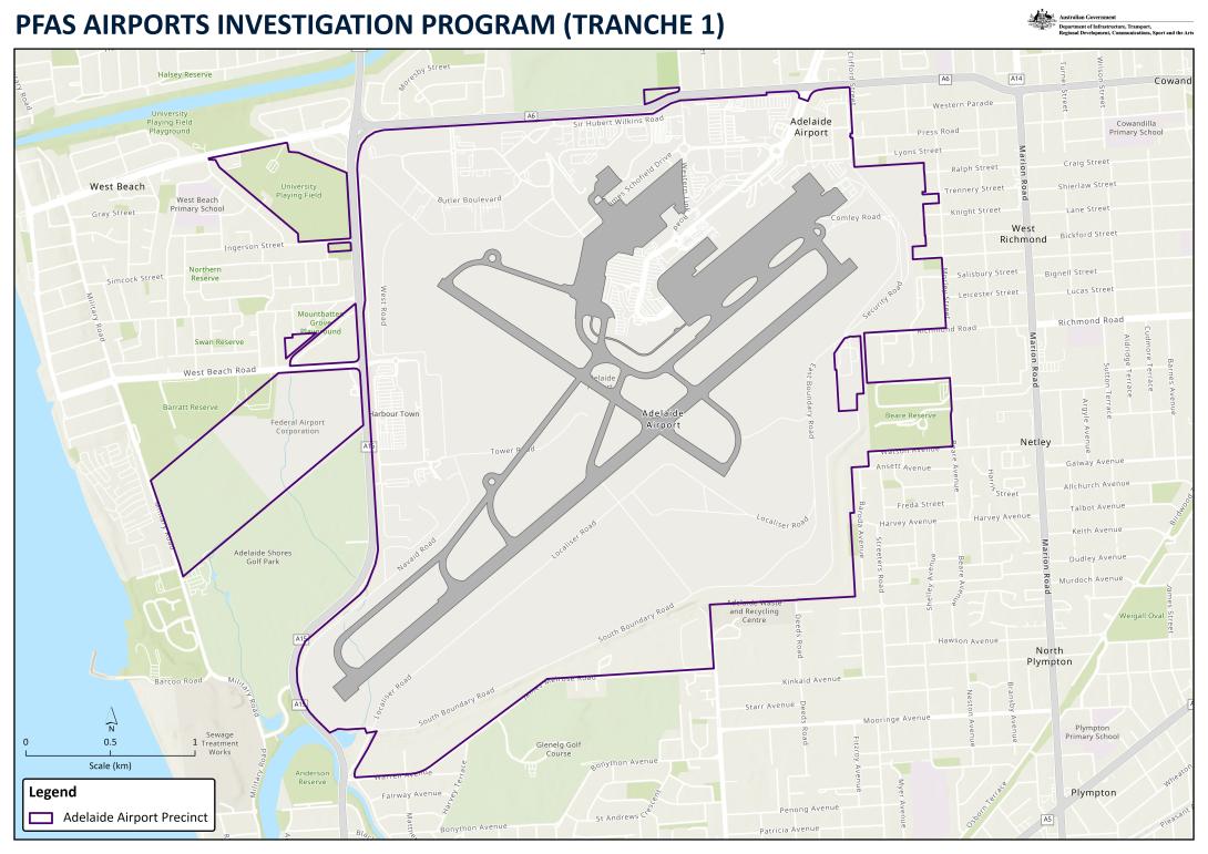 Terrain map of Adelaide Airport showing an outline of the airport boundary and the PFAS program.
