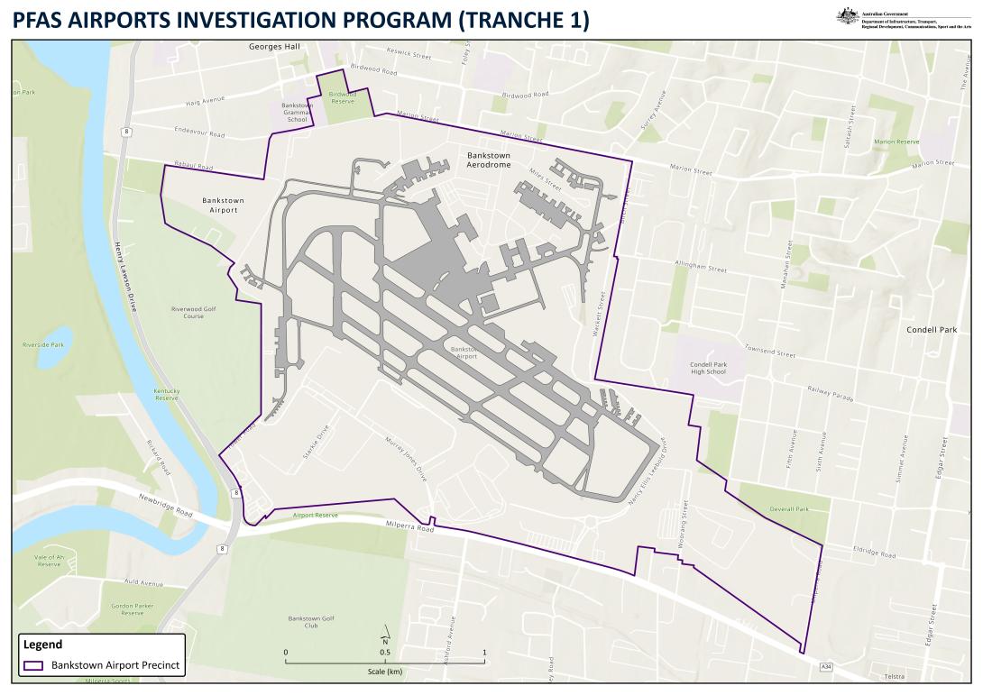 Terrain map of Bankstown Airport showing an outline of the airport boundary and the PFAS program.