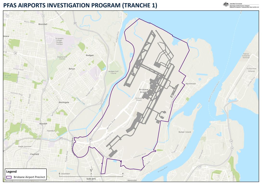 Terrain map of Brisbane Airport showing an outline of the airport boundary and the PFAS program.