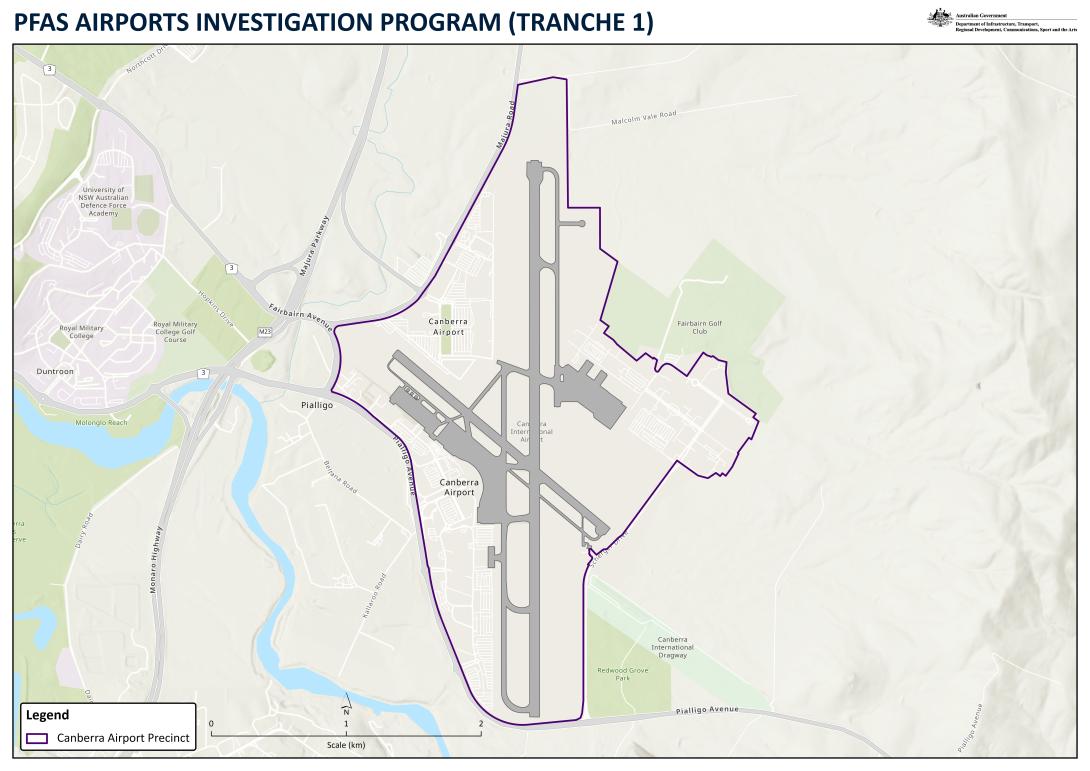 Terrain map of Canberra Airport showing an outline of the airport boundary and the PFAS program.