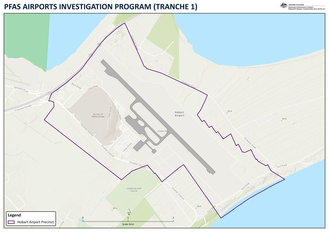 Terrain map of Hobart Airport showing an outline of the airport boundary and the PFAS program.