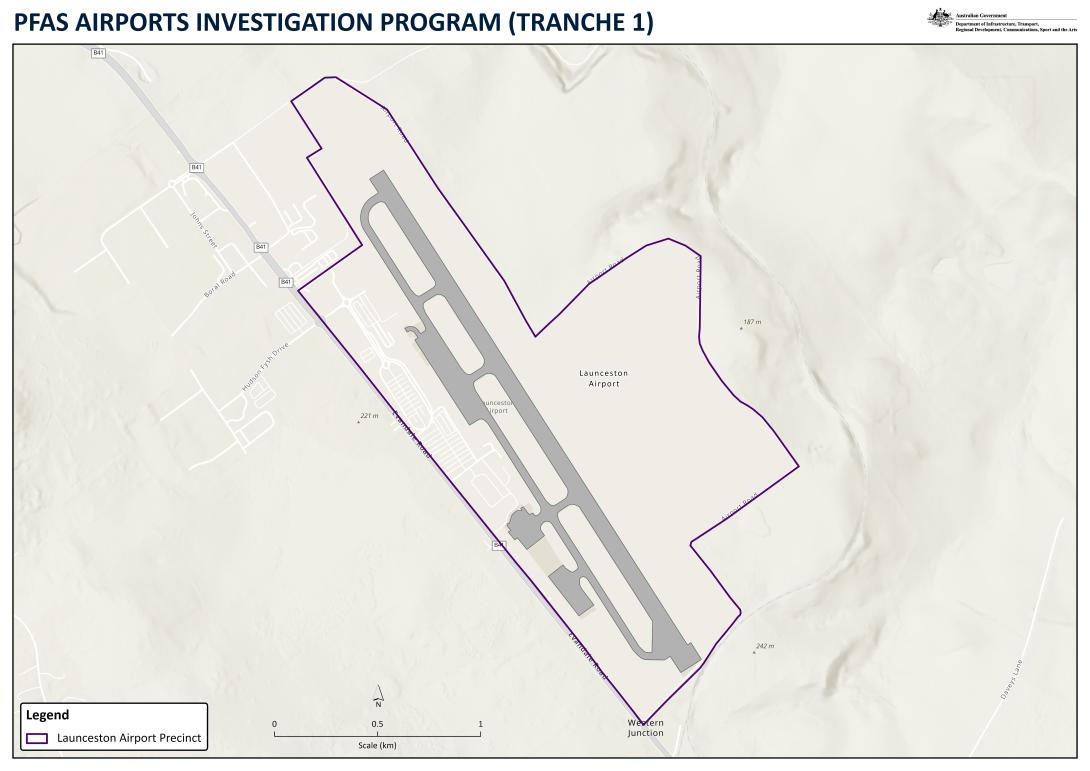 Terrain map of Launceston Airport showing an outline of the airport boundary and the PFAS program.