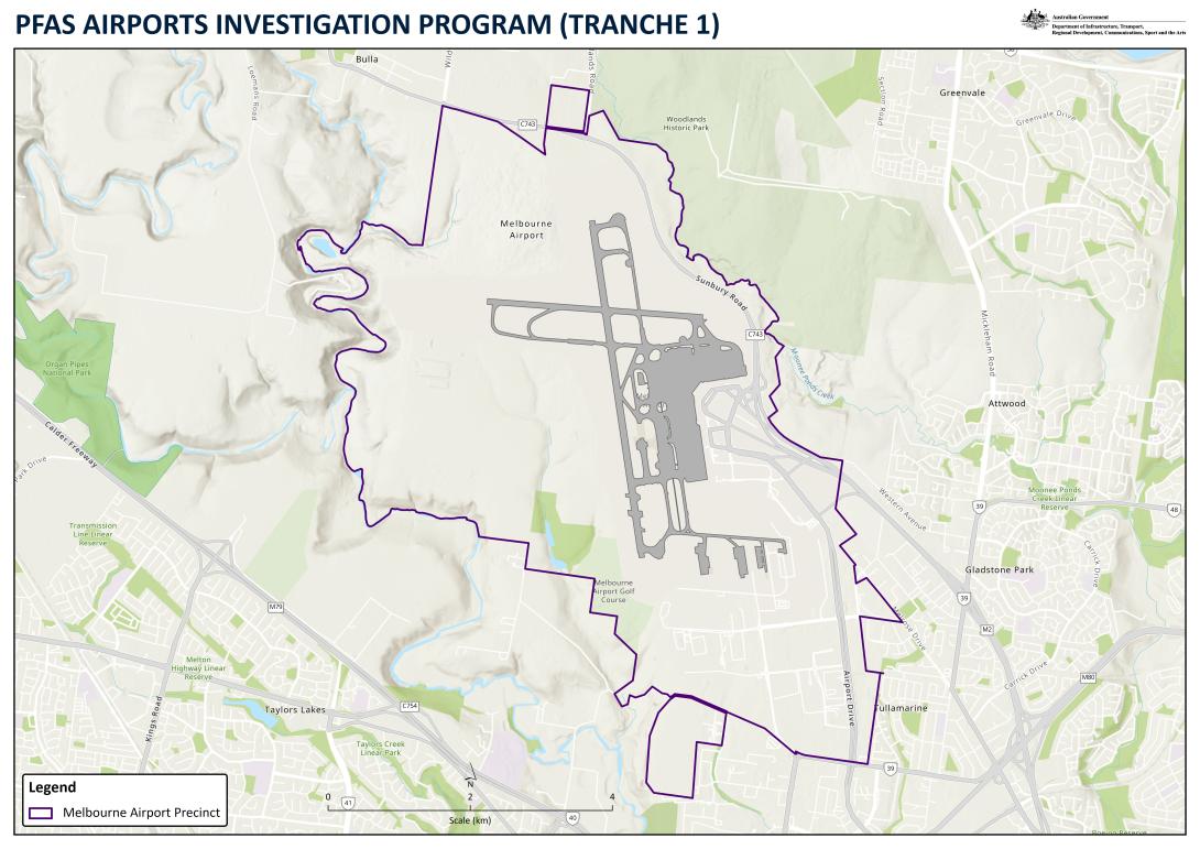Terrain map of Melbourne Airport showing an outline of the airport boundary and the PFAS program.