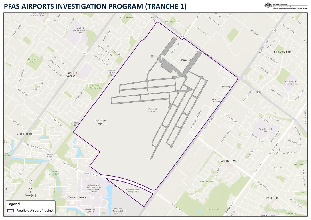 Terrain map of Parafield Airport showing an outline of the airport boundary and the PFAS program.
