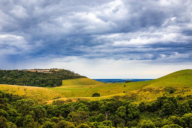 Picture of Gippsland's rolling hills with the ocean just visible between them, and a cloudy sky.