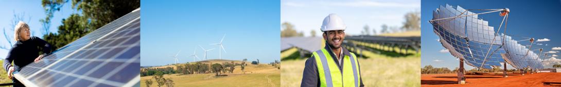 Image 1: Person looking at solar panel. Image 2: Wind power turbines in rural landscape. Image 3: Person smiling in front of solar panels in a field. Image 4: Solar energy infrastructure in red dirt landscape.