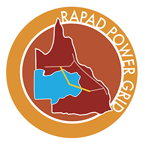 A logo in orange, red and blue with a map of Queensland and text saying 'RAPAD Power Grid.