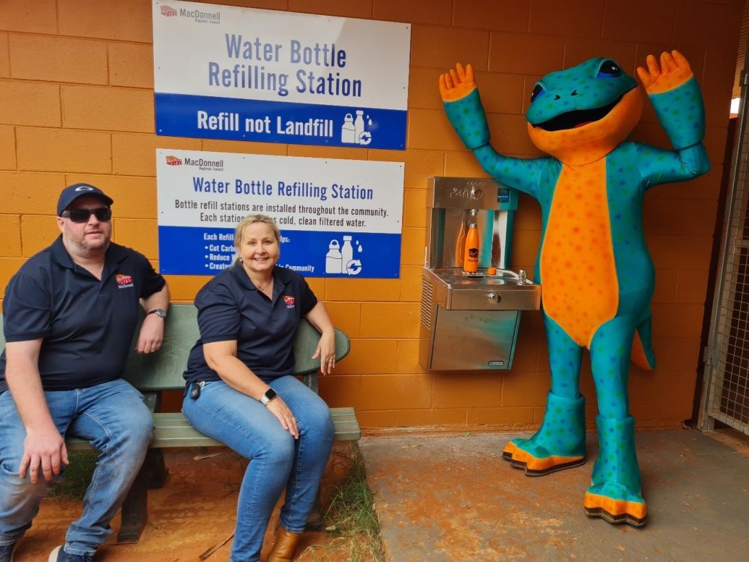 Water Bottle Refilling Station with an orange and blue mascot. Photo credit: MacDonnell Regional Council, NT