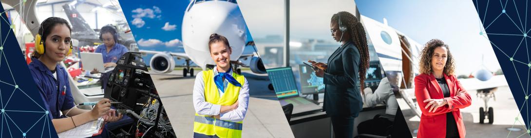 Young female engineers working with helicopters, Young woman in front of airplane with arms crossed, female air traffic controller holding tablet in airport tower office room, business woman standing in front of a corporate jet with arms crossed